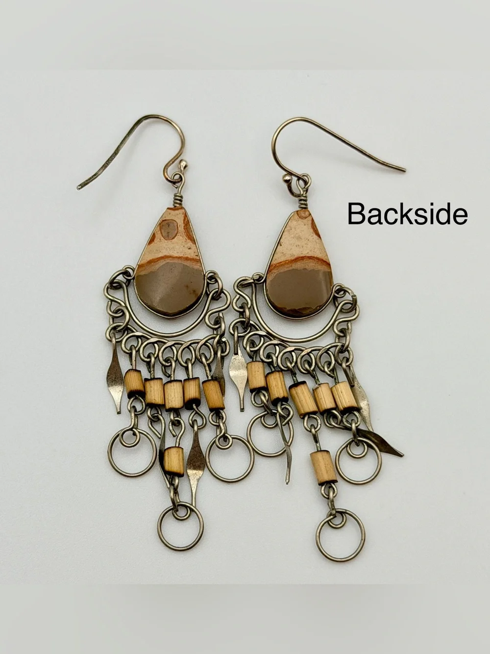 Handcrafted Picture-Jaspers Teardrop Dangle Chandelier Sterling Silver Earrings